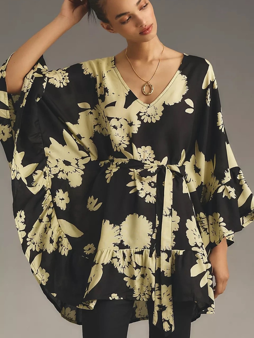 Anthropologie Black and Yellow Floral V-Neck Tunic